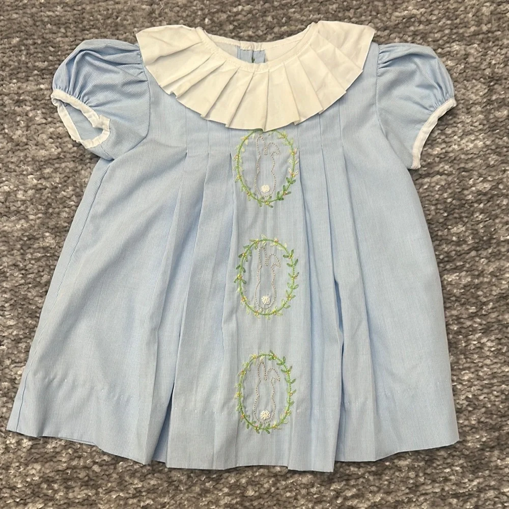 The Proper Peony Blue bunny embroidered dress with ruffle collar 12mo
